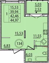 МЖК «Образцовый квартал 15», планировка 1-комнатной квартиры, 39.94 м²