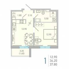 ЖК «Lovo», планировка 1-комнатной квартиры, 37.80 м²