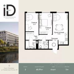 ЖК «ID Petrogradskaya», планировка 2-комнатной квартиры, 60.79 м²