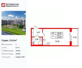 ЖК «Парадный ансамбль», планировка студии, 24.61 м²