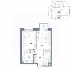 ЖК «Страна.Озерная», планировка 2-комнатной квартиры, 45.50 м²