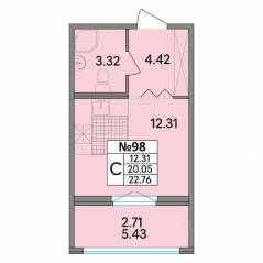 ЖК «Рождественский квартал», планировка студии, 22.76 м²