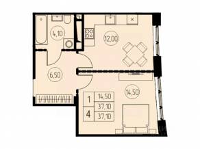 ЖК «7 небо», планировка 1-комнатной квартиры, 37.10 м²