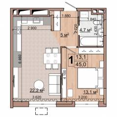 ЖК «Гранд Комфорт», планировка 1-комнатной квартиры, 45.00 м²