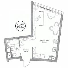Апарт-комплекс Клубный дом «Рублево», планировка студии, 37.70 м²