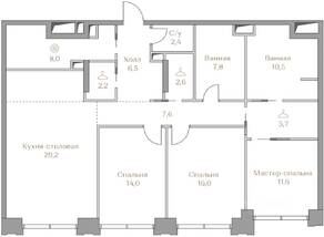 ЖК «Коллекция Лужники», планировка 3-комнатной квартиры, 124.10 м²