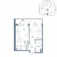 ЖК «Страна.Озерная», планировка 2-комнатной квартиры, 42.33 м²
