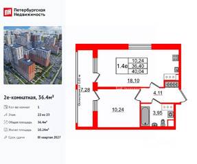 ЖК «Город звезд», планировка 1-комнатной квартиры, 36.40 м²
