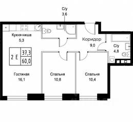 Апарт-комплекс «Aist Residence», планировка 2-комнатной квартиры, 60.00 м²