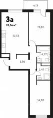 ЖК «Южное Пушкино», планировка 3-комнатной квартиры, 68.61 м²