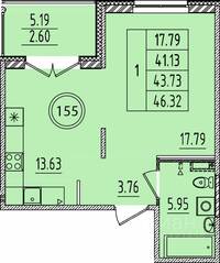 МЖК «Образцовый квартал 14», планировка 1-комнатной квартиры, 41.13 м²