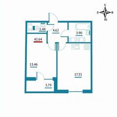 ЖК «Левитан», планировка 1-комнатной квартиры, 42.64 м²