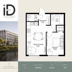ЖК «ID Petrogradskaya», планировка 1-комнатной квартиры, 39.75 м²