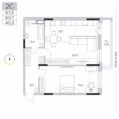 ЖК «Пироговская Ривьера», планировка 2-комнатной квартиры, 63.50 м²