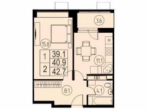ЖК «River Park», планировка 1-комнатной квартиры, 40.90 м²