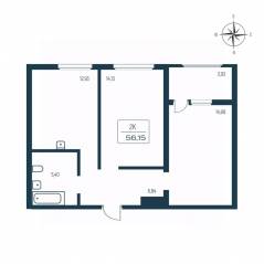 ЖК «Расцветай в Янино», планировка 2-комнатной квартиры, 55.00 м²