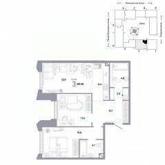 ЖК «Страна.Озерная», планировка 3-комнатной квартиры, 68.40 м²