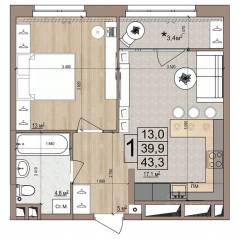 ЖК «Гранд Комфорт», планировка 1-комнатной квартиры, 43.30 м²