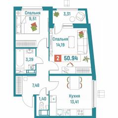 ЖК «Графика», планировка 2-комнатной квартиры, 50.94 м²