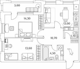 ЖК «Тайм Сквер», планировка 2-комнатной квартиры, 60.80 м²