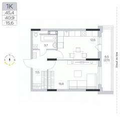 ЖК «Пироговская Ривьера», планировка 1-комнатной квартиры, 41.00 м²