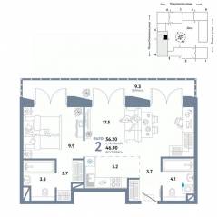ЖК «Страна.Озерная», планировка 2-комнатной квартиры, 56.20 м²