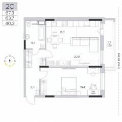 ЖК «Пироговская Ривьера», планировка 2-комнатной квартиры, 63.70 м²