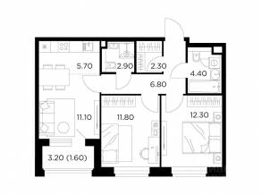 ЖК «Квартал Белый Град», планировка 3-комнатной квартиры, 58.90 м²