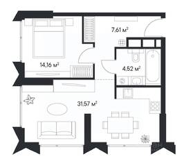 ЖК «1-й Нагатинский», планировка 1-комнатной квартиры, 58.20 м²