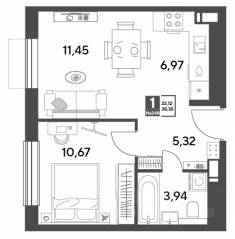 ЖК Арт-квартал «Публицист», планировка 1-комнатной квартиры, 38.35 м²