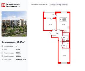 МЖК «Универ Сити», планировка 2-комнатной квартиры, 52.95 м²