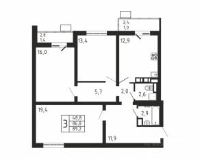 ЖК «Пироговская Ривьера», планировка 3-комнатной квартиры, 89.20 м²