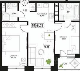 ЖК «Пушкино Град», планировка 3-комнатной квартиры, 51.72 м²