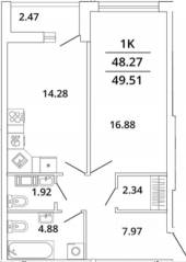 ЖК «Master Place», планировка 1-комнатной квартиры, 49.51 м²