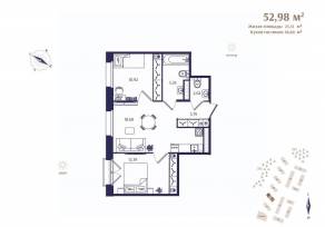 ЖК «Ranta Residence», планировка 2-комнатной квартиры, 52.98 м²