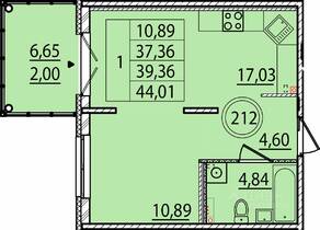 МЖК «Образцовый квартал 15», планировка 1-комнатной квартиры, 37.36 м²