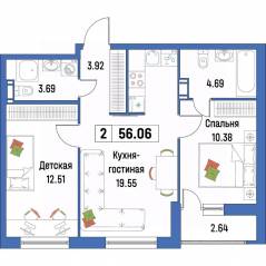 ЖК «Урбанист», планировка 2-комнатной квартиры, 56.06 м²