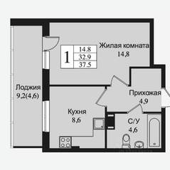 ЖК «Южная заря», планировка 1-комнатной квартиры, 41.90 м²