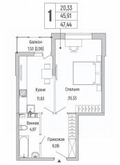 ЖК «Riga Hills», планировка 1-комнатной квартиры, 47.44 м²
