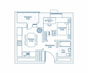 ЖК «Новоград Монино», планировка 1-комнатной квартиры, 34.20 м²