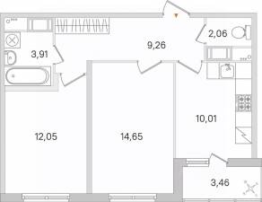 ЖК «Ясно. Янино», планировка 2-комнатной квартиры, 53.67 м²