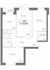 МЖК «Новое Замитино», планировка 3-комнатной квартиры, 75.00 м²