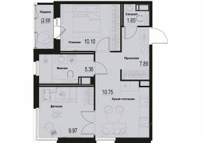 ЖК «ID Murino III», планировка 2-комнатной квартиры, 47.07 м²
