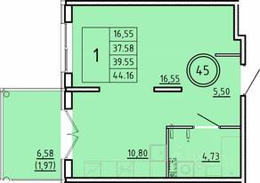 МЖК «Образцовый квартал 16», планировка 1-комнатной квартиры, 37.58 м²