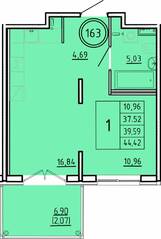 МЖК «Образцовый квартал 16», планировка 1-комнатной квартиры, 37.52 м²