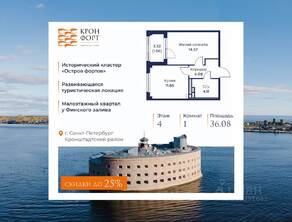 МЖК «Кронфорт. Центральный», планировка 1-комнатной квартиры, 36.08 м²