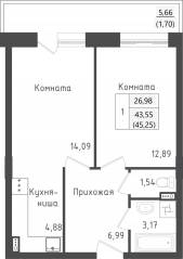 ЖК «Зеленый Оазис-Город», планировка 1-комнатной квартиры, 45.25 м²