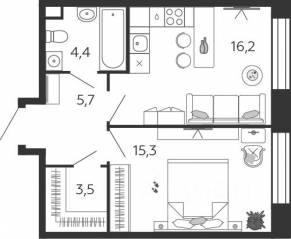 ЖК «Жилой квартал Shagal», планировка 1-комнатной квартиры, 45.10 м²
