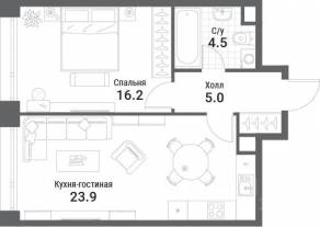 ЖК «Nagatino i-Land», планировка 1-комнатной квартиры, 49.60 м²