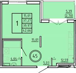 МЖК «Образцовый квартал 16», планировка 1-комнатной квартиры, 37.27 м²